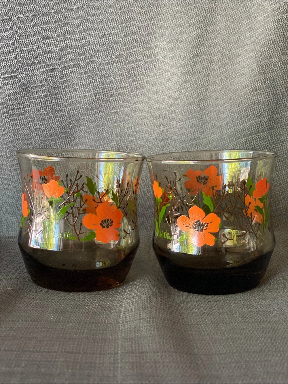 Vintage M. Dia Libbey Floral Smoked Glass Lowball Tumblers Set of 2
